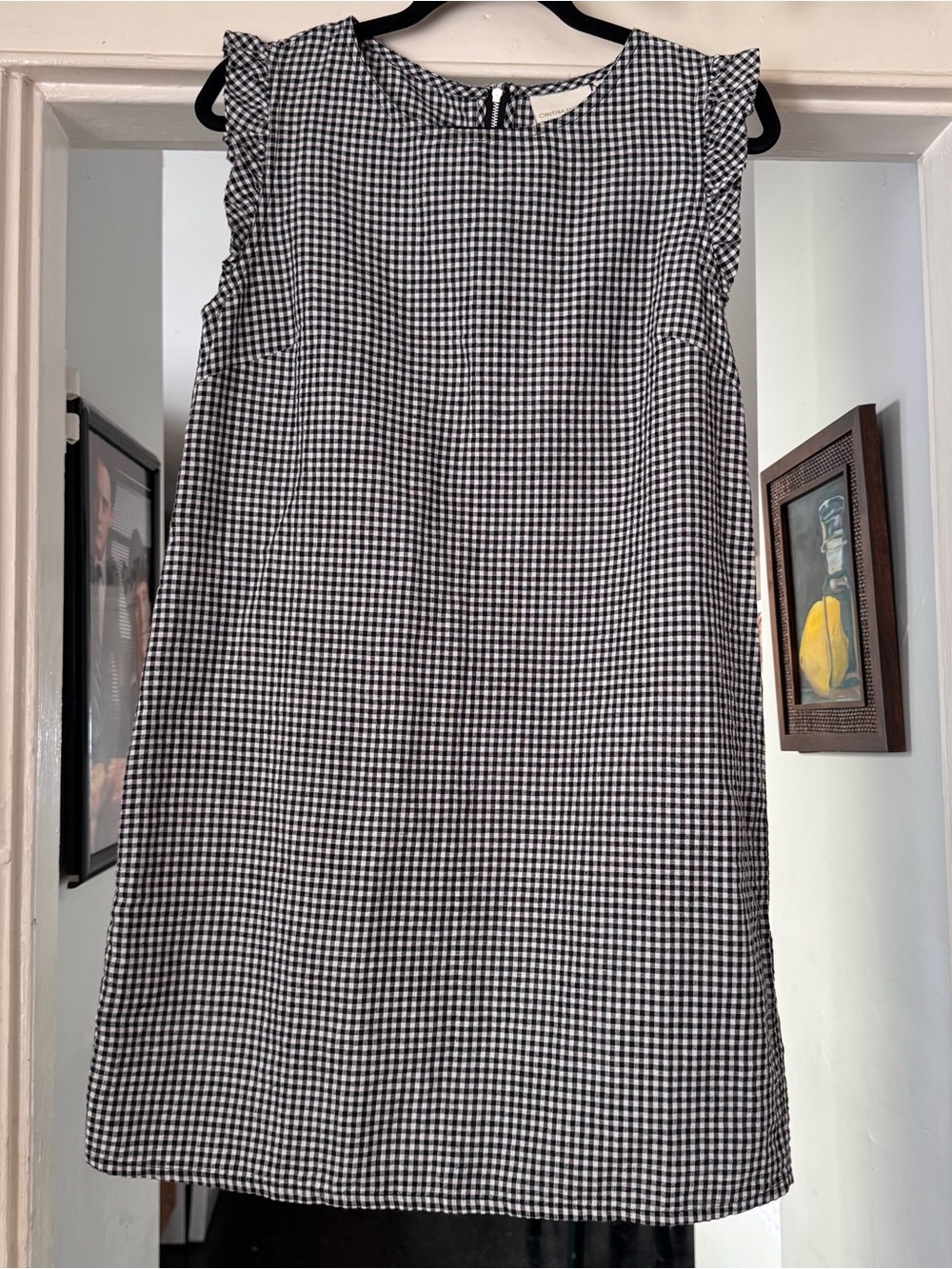 Cynthia Rowley Black White Gingham Plaid Sleeveless Ruffle Linen Mini Dress 8